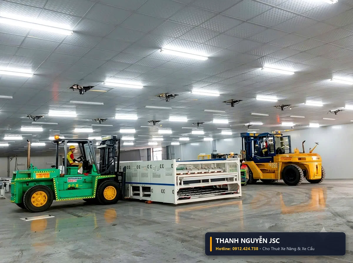 Hai xe nâng Mitsubishi và Komatsu cùng hỗ trợ định vị kiện khung giàn máy vào đúng vị trí thiết kế