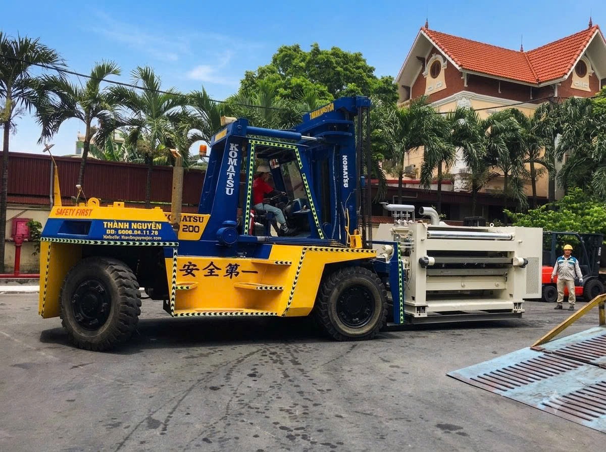 Xe Boom Lift cần gập JLG vươn cao thi công mái xưởng tại KCN Cái Lân Quảng Ninh