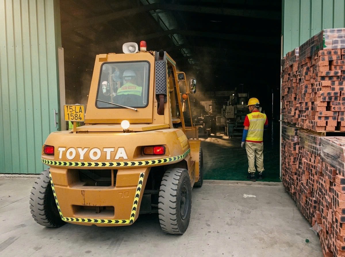 hoa tiêu an toàn phân luồng giao thông dẫn hướng xe nâng chở máy qua cửa xưởng tại KCN Sông Khoai Quảng Ninh - THÀNH HUY HOÀNG