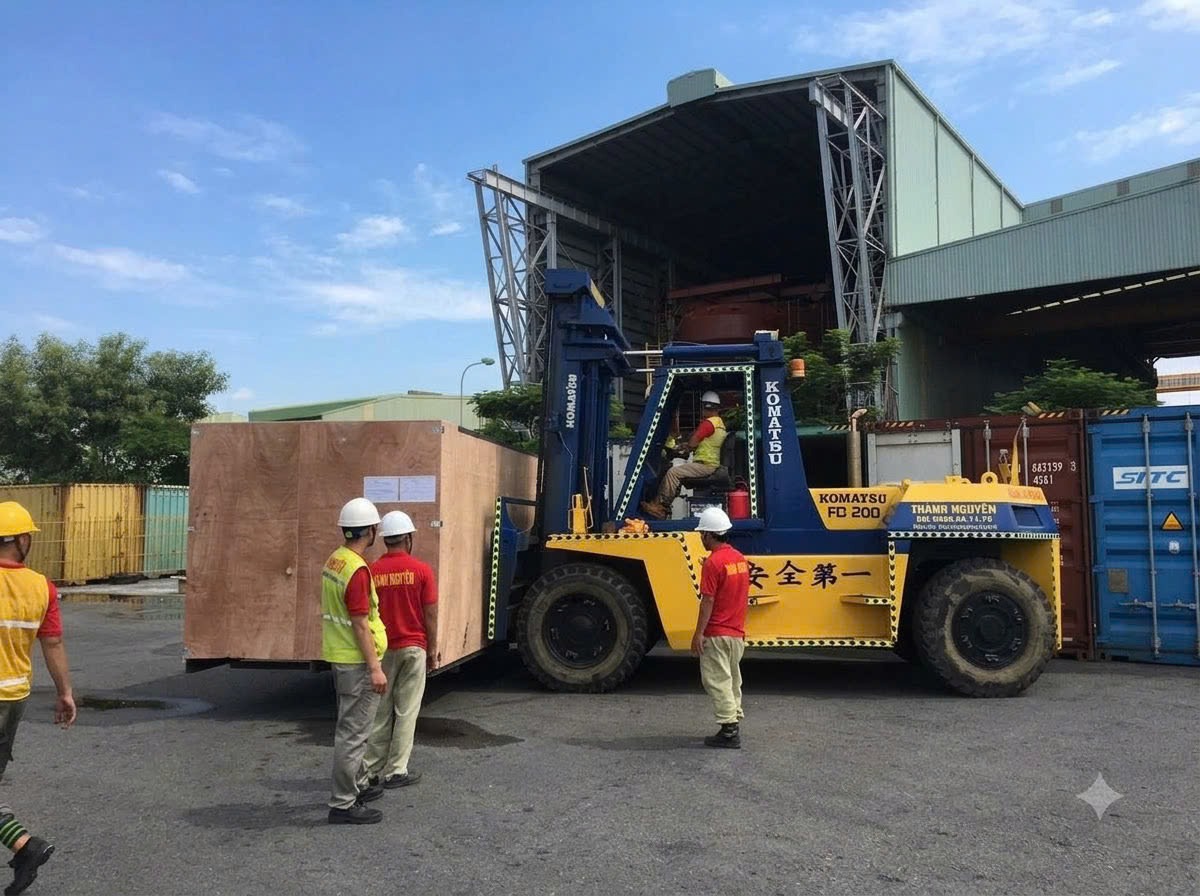 xe nâng Komatsu FD200 rút hàng container đường biển 40ft tại KCN Cảng Bắc Tiền Phong Quảng Ninh
