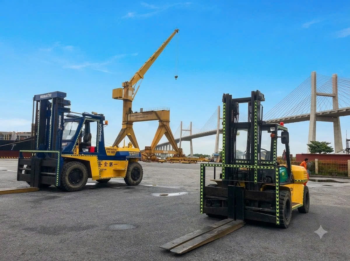 xe nâng 20 tấn rút kiện gỗ máy siêu trọng từ thùng container tại KCN Cảng Bắc Tiền Phong Quảng Ninh