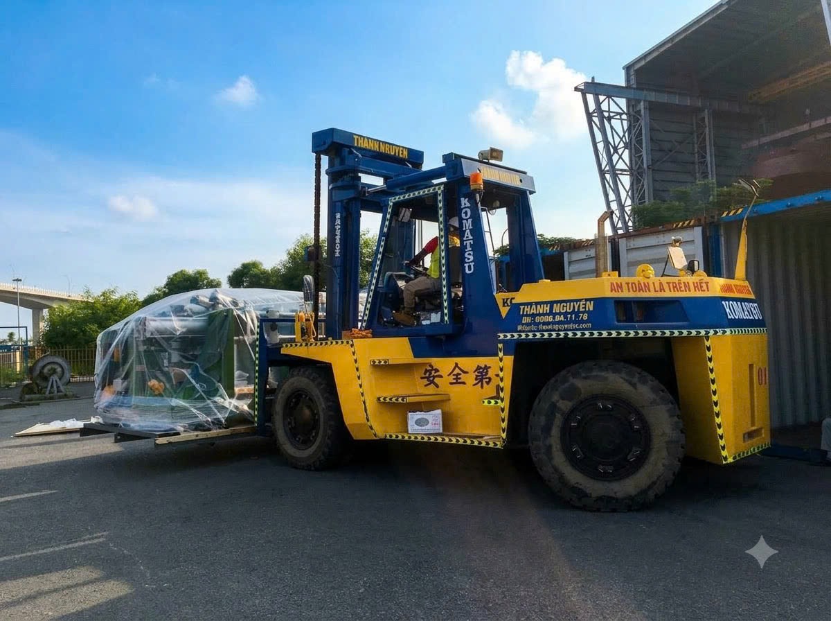 đội ngũ kỹ sư rigger tháo dỡ kiện gỗ uncrating máy công nghiệp bọc màng bảo vệ tại KCN Cảng Bắc Tiền Phong Quảng Ninh