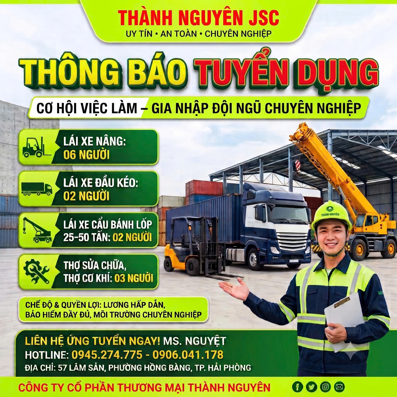 Tuyển Dụng Lái Xe Nâng, Lái Xe Cẩu, Xe Đầu Kéo & Thợ Sửa Chữa 2026 – Thành Nguyên JSC