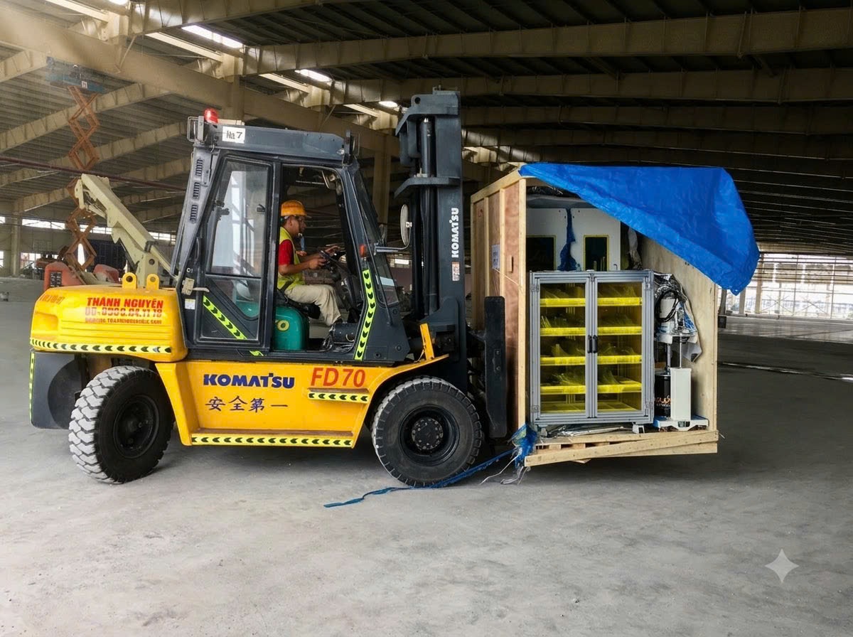 tháo dỡ kiện thùng gỗ máy móc và căn chỉnh bệ móng máy công nghiệp trong nhà xưởng tại KCN Đông Mai Quảng Ninh - THÀNH HUY HOÀNG
