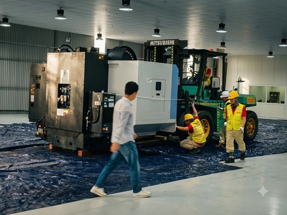 hạ đặt và cân chỉnh thăng bằng máy tiện CNC DOOSAN trên sàn bạt bảo vệ epoxy tại KCN Sông Khoai (Amata) Quảng Ninh - THÀNH HUY HOÀNG