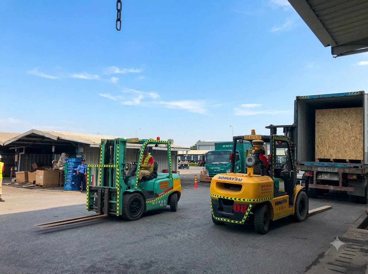 Vận Chuyển Kiện Gỗ Máy SMT Bọc Màng Bạc Bằng Xe Nâng Komatsu 7T KCN Đông Mai Quảng Ninh 2026