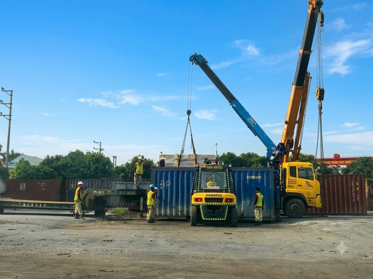 Bốc Xếp Kiện Máy Móc FDI Cảng Biển & Luồn Cửa Xưởng Bằng Xe Nâng Komatsu KCN Sông Khoai Quảng Ninh 2026