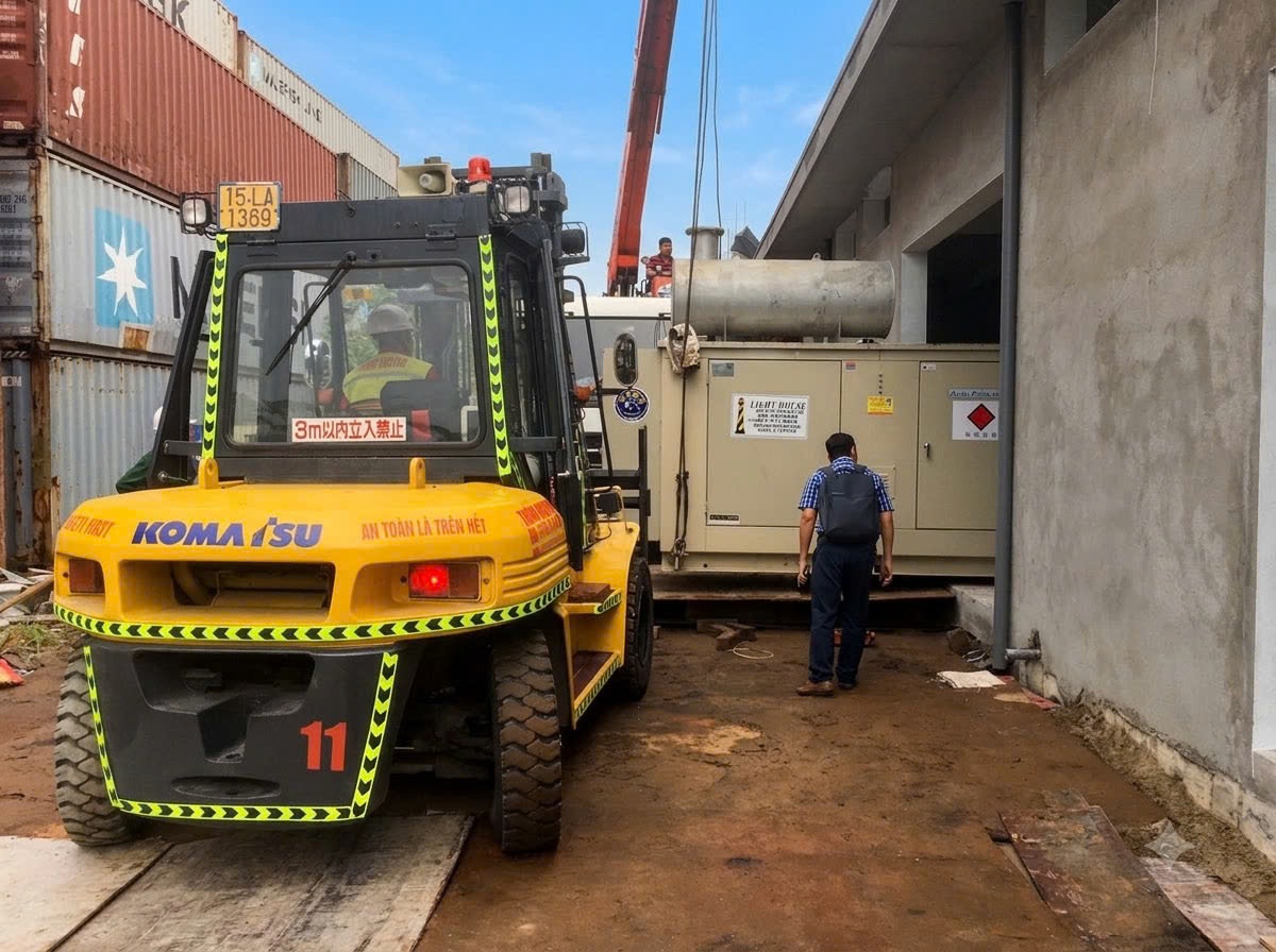 lót tôn thép dày 20mm chống lún và xe nâng Komatsu 7 tấn luồn máy phát điện qua cửa trạm tại KCN Bắc Tiền Phong Quảng Ninh - THÀNH HUY HOÀNG lót tôn thép dày 20mm chống lún và xe nâng Komatsu 7 tấn luồn máy phát điện qua cửa trạm tại KCN Bắc Tiền Phong Quảng Ninh - THÀNH HUY HOÀNG