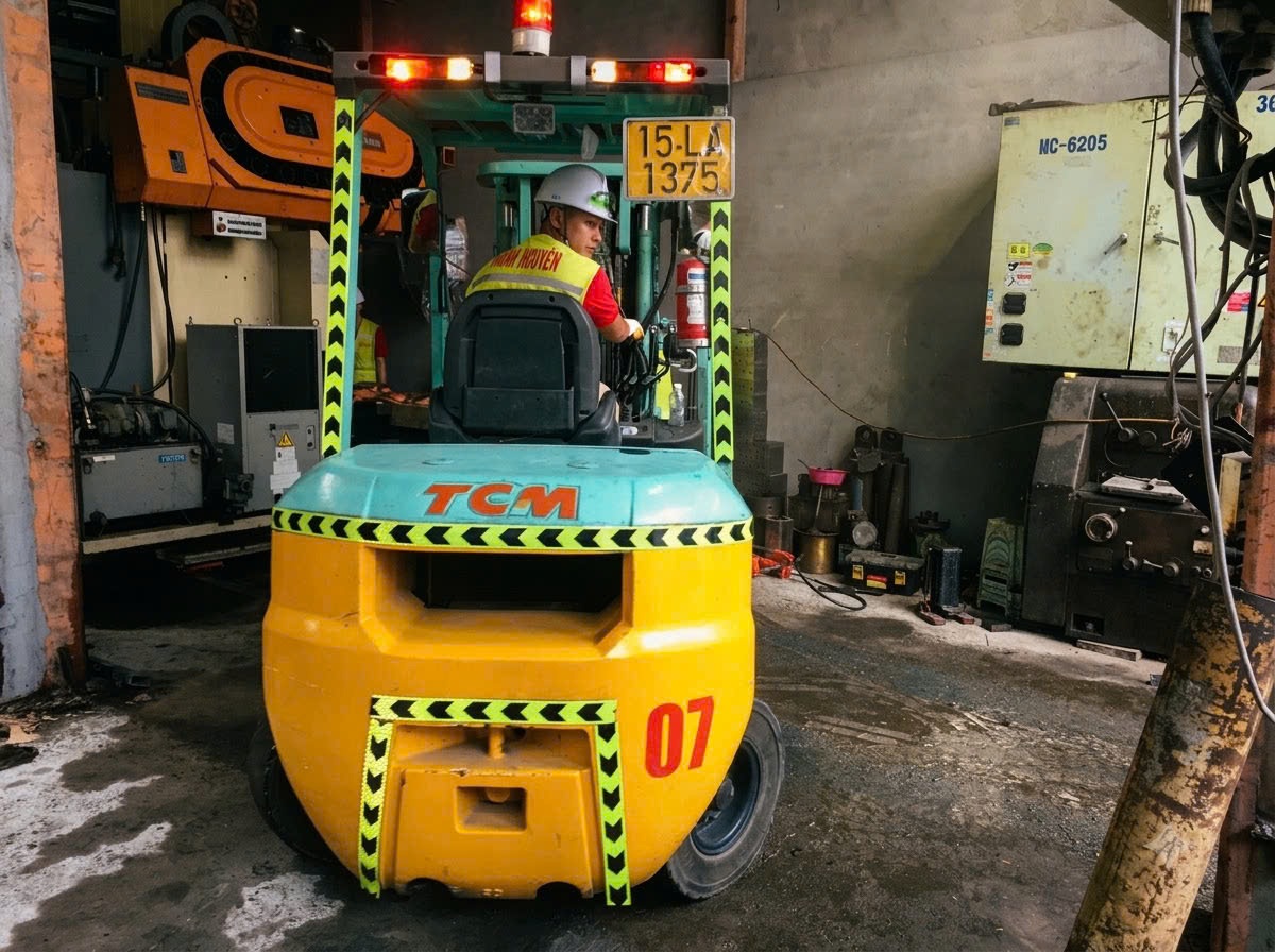 xe nâng TCM đón máy và đội rigger dùng rùa kích căn chỉnh bệ móng máy phay CNC Makino tại KCN Sông Khoai Quảng Ninh - THÀNH HUY HOÀNG