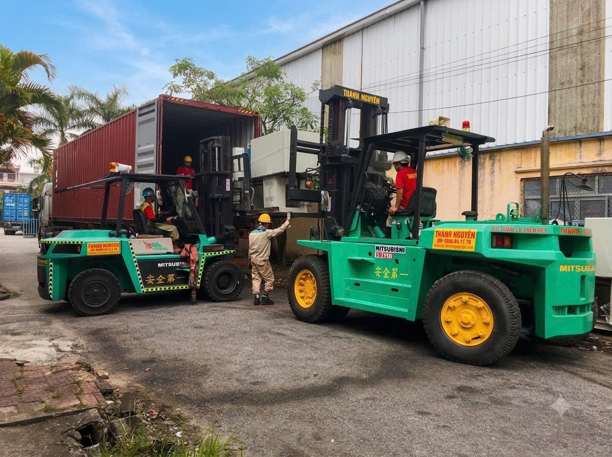 xe nâng Komatsu và Mitsubishi luồn càng nối nâng gầm máy LK Potenza PT250 tại KCN Bắc Tiền Phong Quảng Ninh - THÀNH HUY HOÀNG