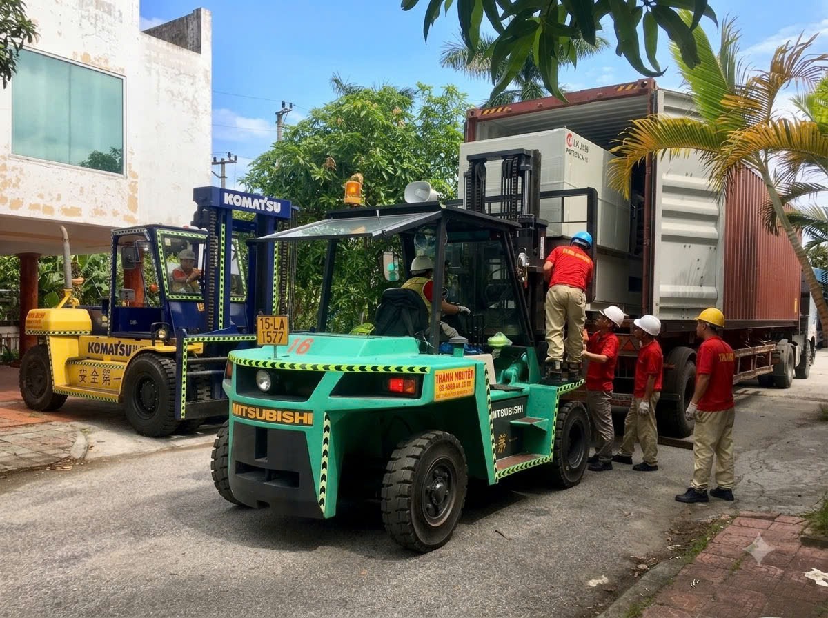 xe nâng Komatsu FD135 vận chuyển máy ép LK Potenza ra bãi tập kết tại KCN Bắc Tiền Phong Quảng Ninh - THÀNH HUY HOÀNG